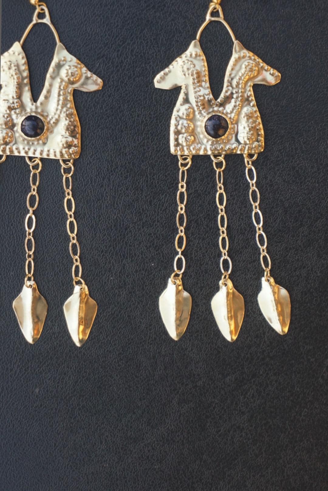 Epona Earrings: Brass Celtic Horse Goddess Goldstone Jewelry
