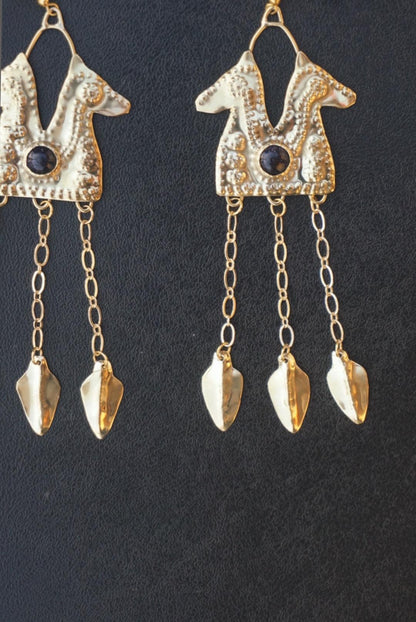 Epona Earrings: Brass Celtic Horse Goddess Goldstone Jewelry