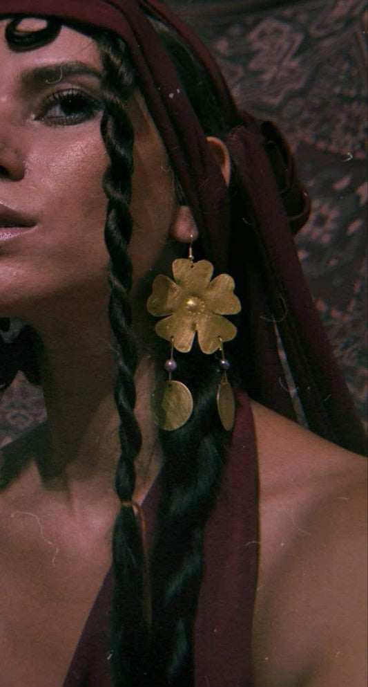 Inana Earrings: Handmade Brass Floral Goddess Jewelry