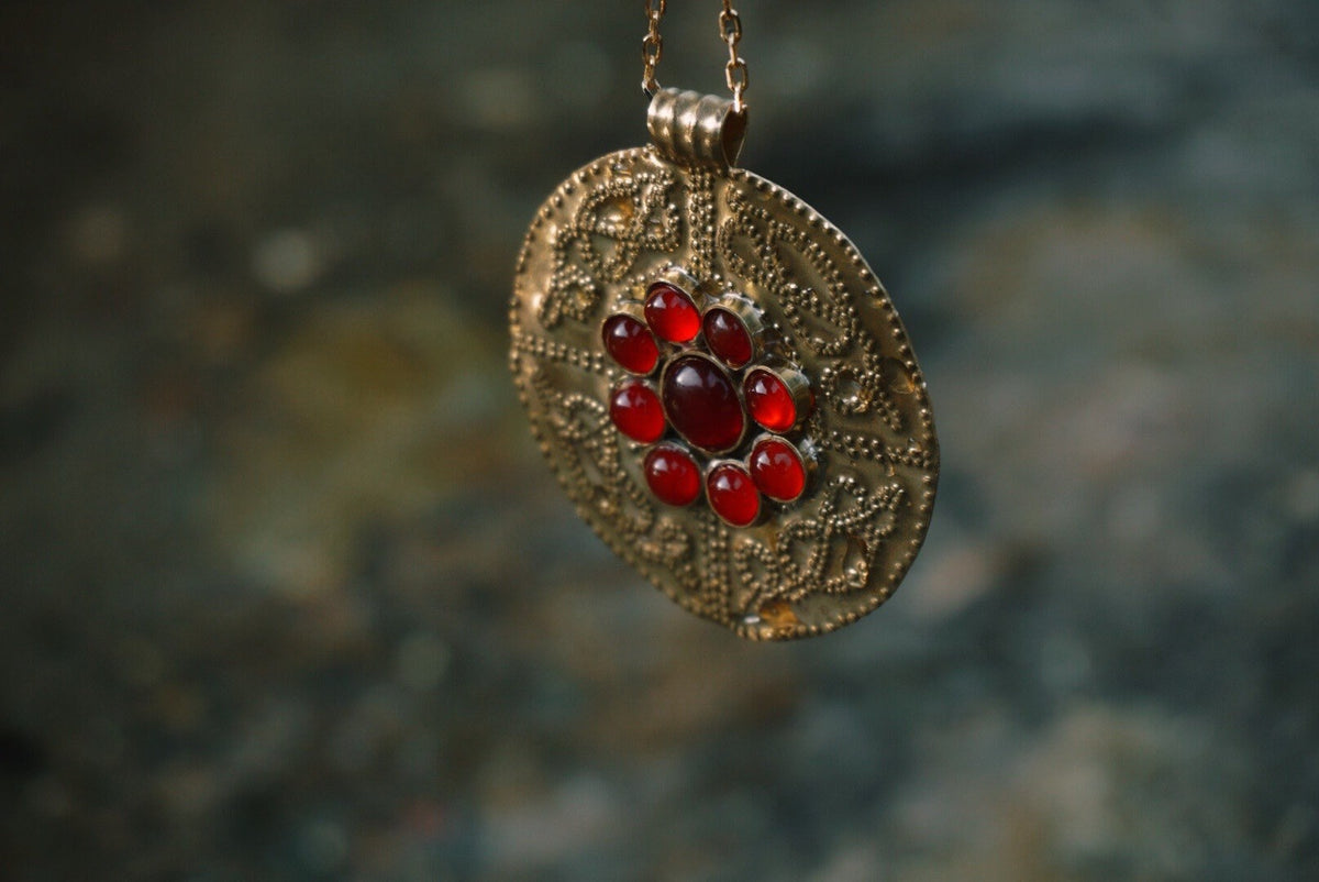Sutton Hoo Anglo Saxon Necklace: Brass Shieldmaiden Pendant with Red Agate