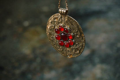 Sutton Hoo Anglo Saxon Necklace: Brass Shieldmaiden Pendant with Red Agate