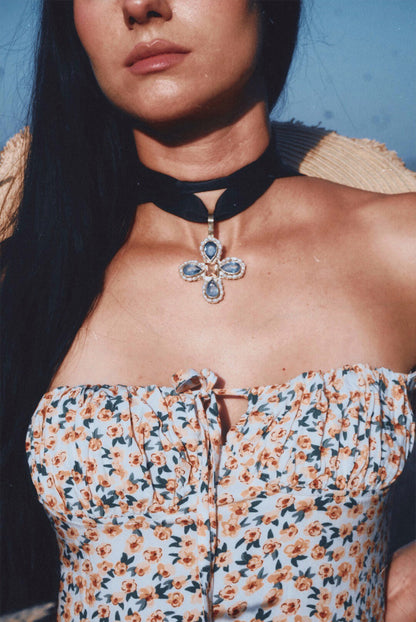 Sifflæd Byzantine Cross Pendant: Cubic Zirconia & Pearl Brass Necklace (PRE-ORDER ITEM)
