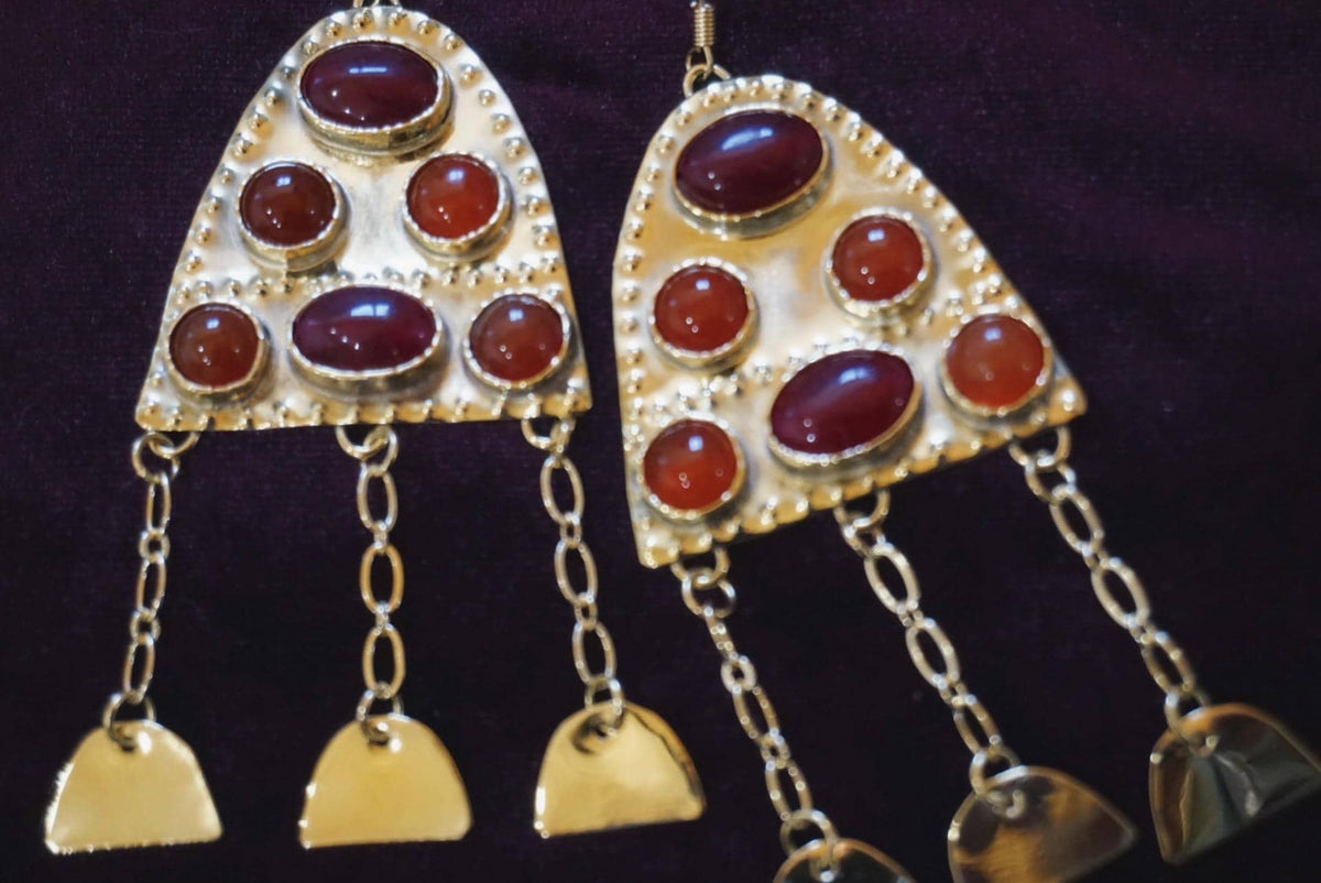 Ragnell Earrings: Medieval Brass Carnelian Earrings, Red Agate Fire Amulet, Arthurian Jewelry