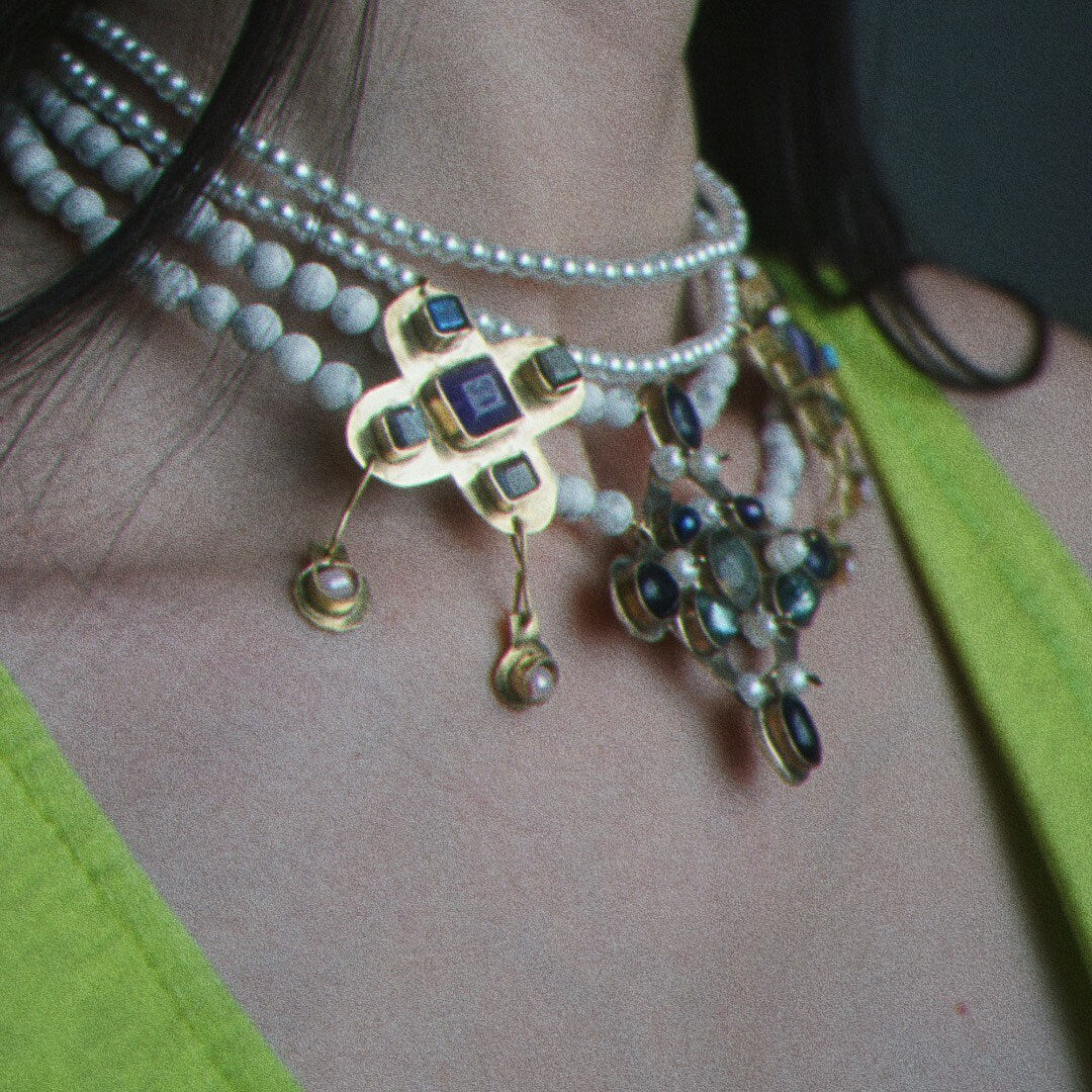 Byzantius & Leofflaed Handmade Necklaces Set: Beaded Pearl Gemstone Choker, Reinassance Jewelry