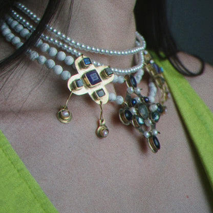 Byzantius & Leofflaed Handmade Necklaces Set: Beaded Pearl Gemstone Choker, Reinassance Jewelry