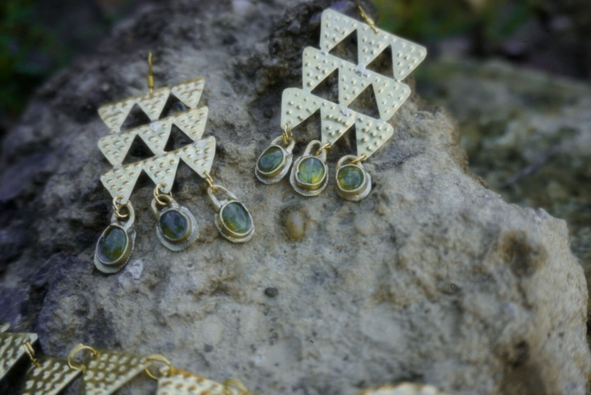 Tumulus Brass Earrings: Peridot gemstones, Bronze Age Jewelry