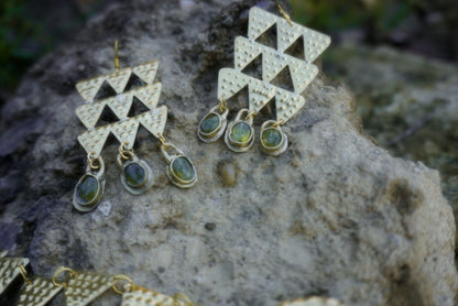 Tumulus Brass Earrings: Peridot gemstones, Bronze Age Jewelry