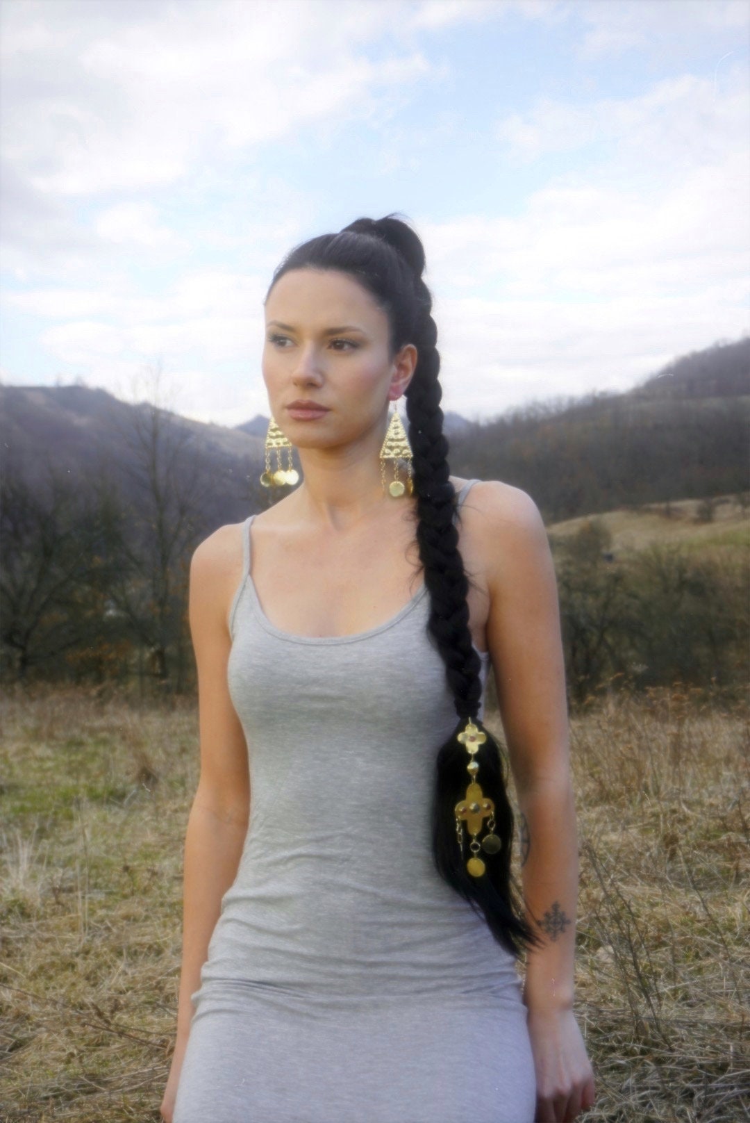 Ziva Brass Triangle Earrings: Ethnic Folklore Jewelry