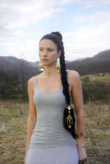 Ziva Brass Triangle Earrings: Ethnic Folklore Jewelry