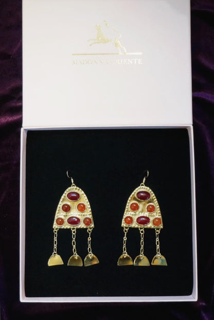 Ragnell Earrings: Medieval Brass Carnelian Earrings, Red Agate Fire Amulet, Arthurian Jewelry
