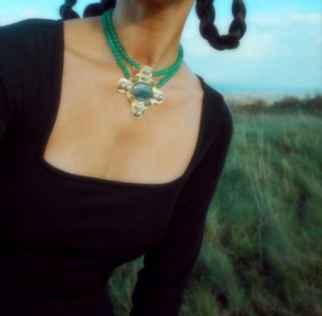 Estrilda Labradorite Beaded Choker: Anglo-Saxon Byzantine Style Necklace, Crystal Healing Amulet Necklace