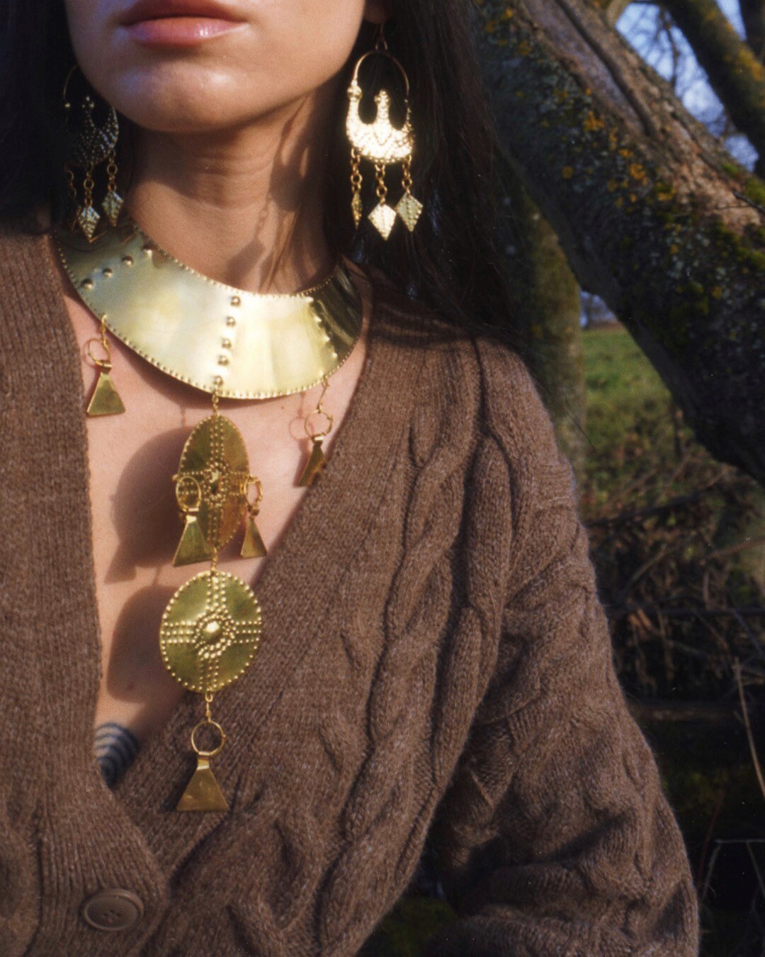 Zevana Handcrafted Brass Lunula Earrings: Slavic Viking Amulet Jewelry