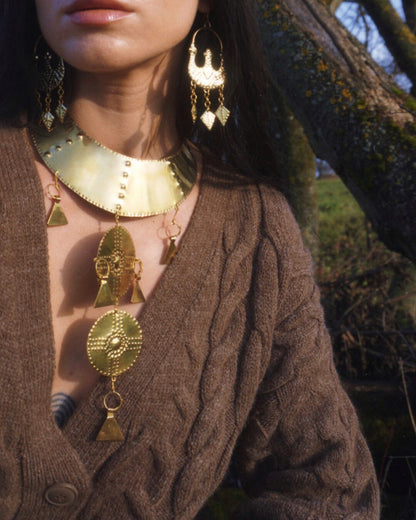 Zevana Handcrafted Brass Lunula Earrings: Slavic Viking Amulet Jewelry