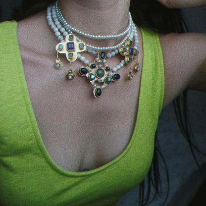 Byzantius & Leofflaed Handmade Necklaces Set: Beaded Pearl Gemstone Choker, Reinassance Jewelry