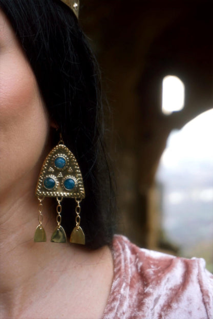 Dindraine Earrings: Early Medieval Brass Earrings, Blue Gemstone Fantasy Jewelry