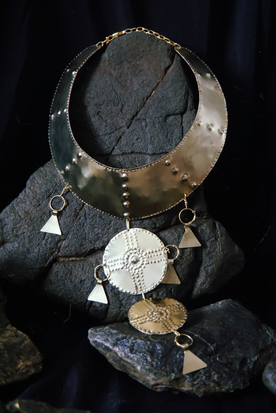 Bronze Age Shield Necklace: Handmade Brass Viking Collar Costume Statement Necklace