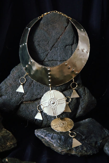 Bronze Age Shield Necklace: Handmade Brass Viking Collar Costume Statement Necklace