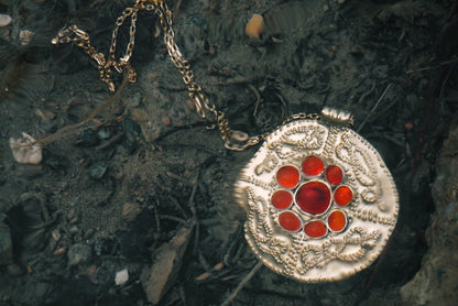 Sutton Hoo Anglo Saxon Necklace: Brass Shieldmaiden Pendant with Red Agate