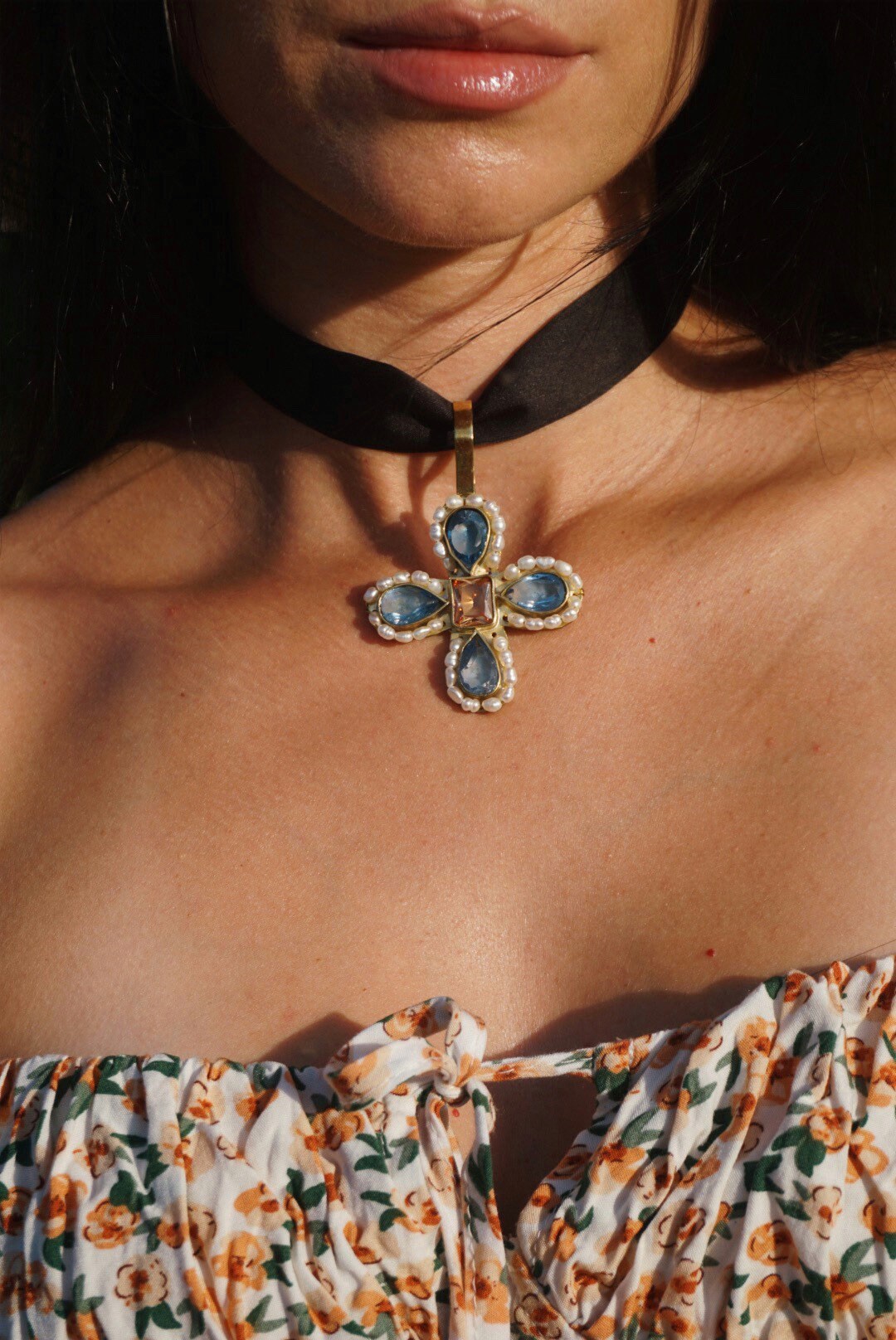 Sifflæd Byzantine Cross Pendant: Cubic Zirconia & Pearl Brass Necklace (PRE-ORDER ITEM)