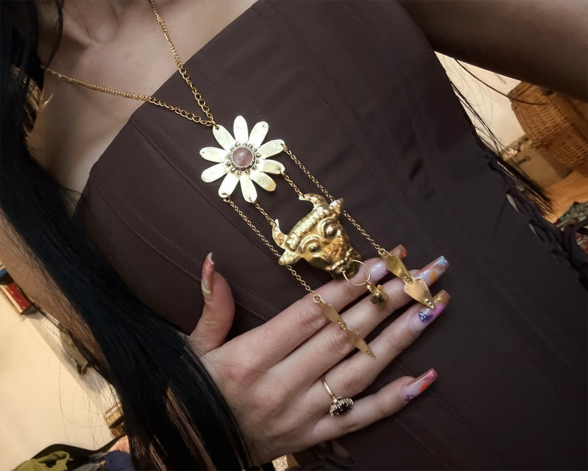 Minotaur Brass Necklace: Cherry Quartz Flower Pendant, Ancient Goddess Jewelry