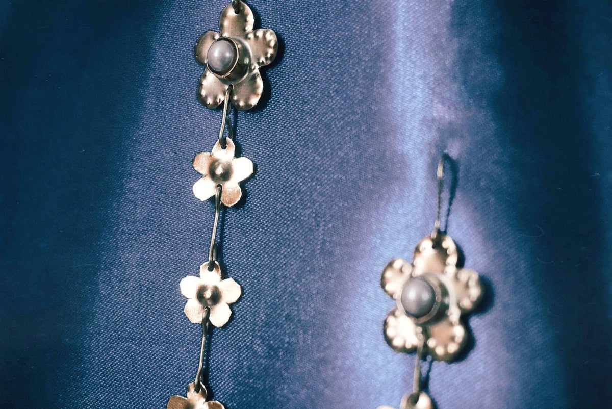 Forget-Me-Not Flowers Earrings: Antique Gold Pearl Earrings, Brass Fairy Jewelry