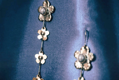 Forget-Me-Not Flowers Earrings: Antique Gold Pearl Earrings, Brass Fairy Jewelry