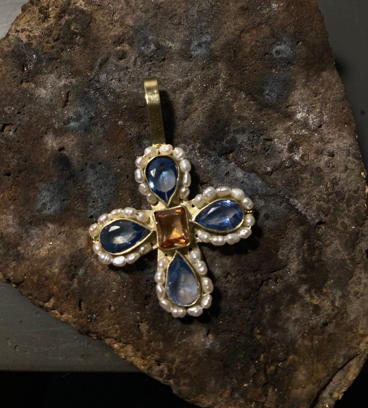 Sifflæd Byzantine Cross Pendant: Cubic Zirconia & Pearl Brass Necklace (PRE-ORDER ITEM)