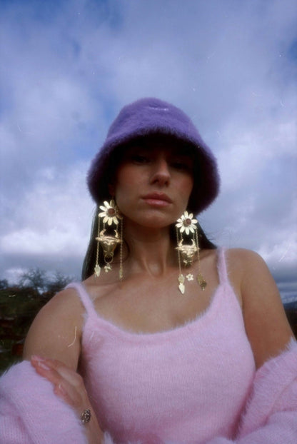 Minotaur II Brass Earrings: Cherry Quartz Flower, Ancient Greek Jewelry