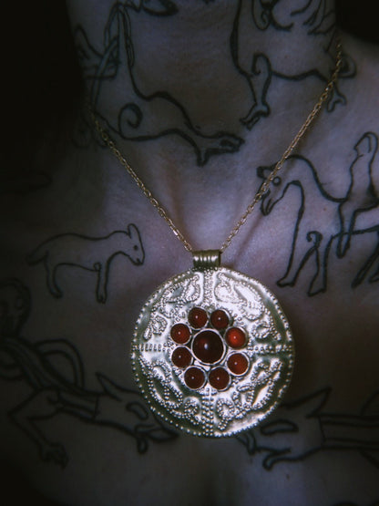 Sutton Hoo Anglo Saxon Necklace: Brass Shieldmaiden Pendant with Red Agate