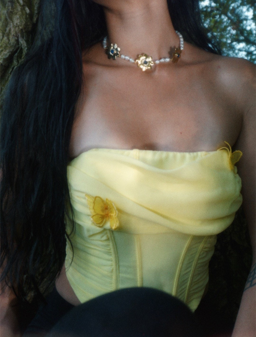 Flora Necklace: Brass Flowers with stones, Pearls Choker