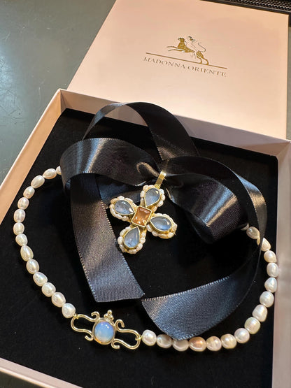 Sifflæd Byzantine Cross Pendant: Cubic Zirconia & Pearl Brass Necklace (PRE-ORDER ITEM)