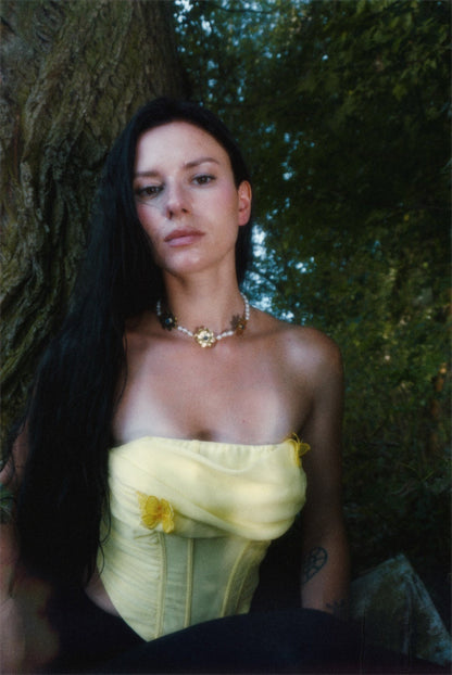 Flora Necklace: Brass Flowers with stones, Pearls Choker