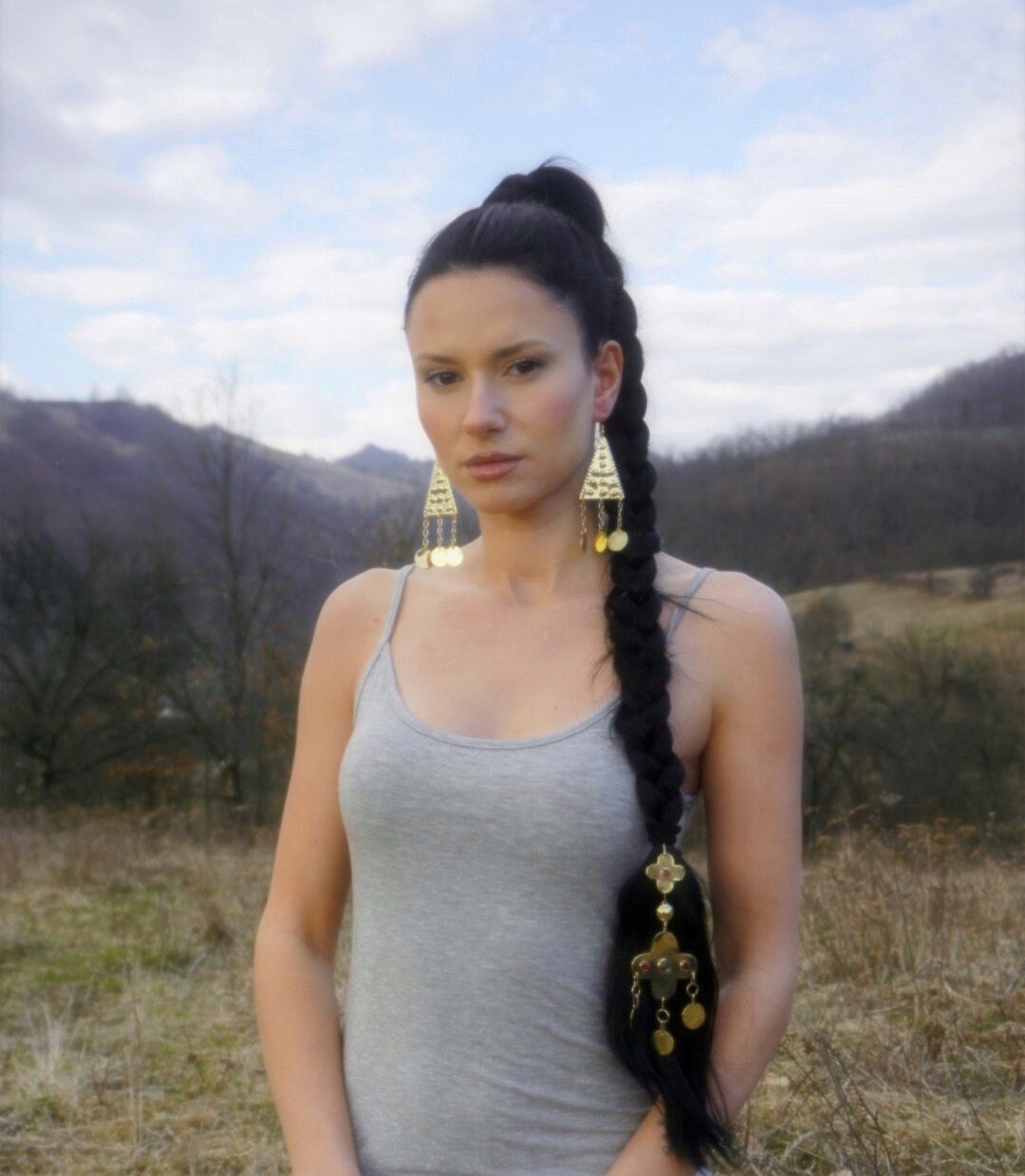 Ziva Brass Triangle Earrings: Ethnic Folklore Jewelry