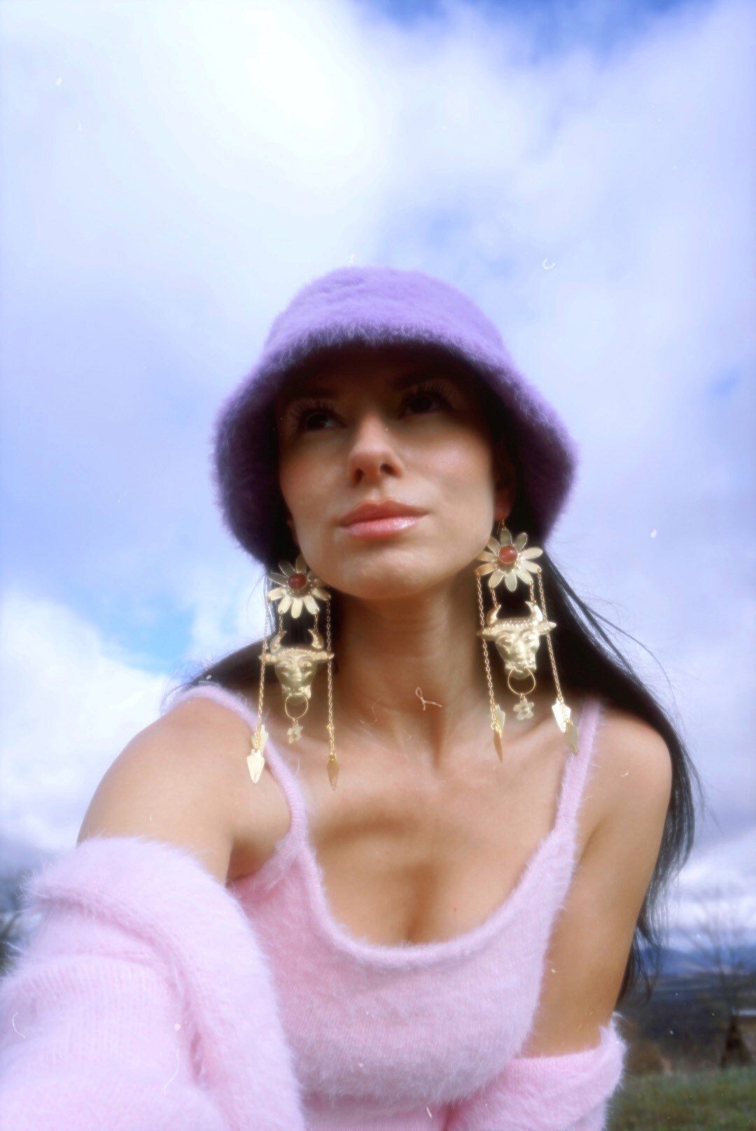 Minotaur II Brass Earrings: Cherry Quartz Flower, Ancient Greek Jewelry