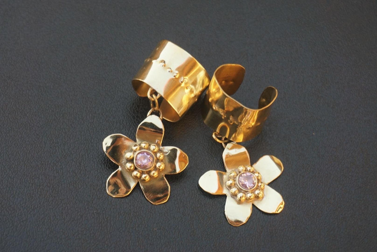 Zimsterla Brass Flower Hair Cuff with Pink Zircon Gemstone (Set of 2)