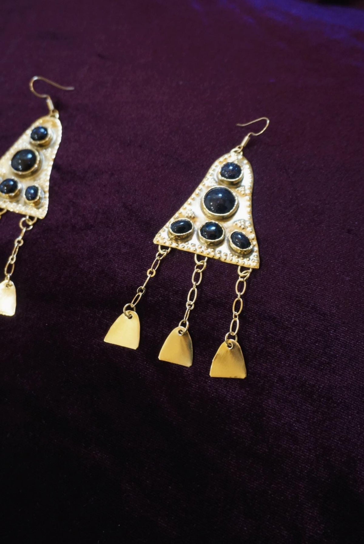 Ygraine Earrings: Medieval Brass Earrings with Onyx, Blue Sunstone, Arthurian Witchy Amulet Jewelry