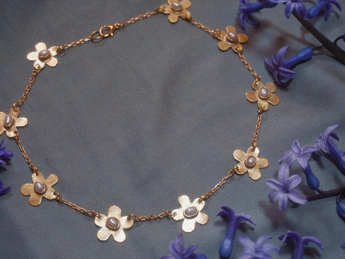 Forget-Me-Not Necklace: Brass Floral Jewelry with Cultured Pearls