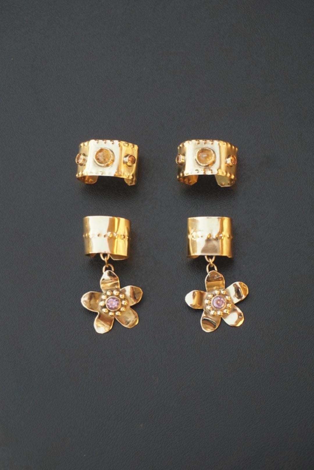 Zimsterla Brass Flower Hair Cuff with Pink Zircon Gemstone (Set of 2)