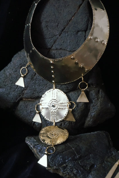 Bronze Age Shield Necklace: Handmade Brass Viking Collar Costume Statement Necklace