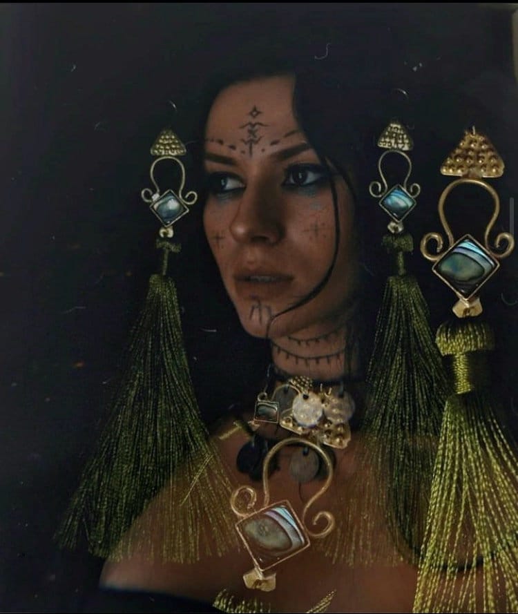 Brass Abalone Goddess Earrings: Folk Jewelry with Green Tassels