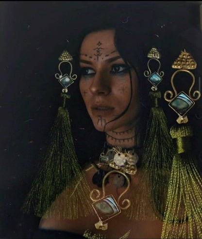 Brass Abalone Goddess Earrings: Folk Jewelry with Green Tassels