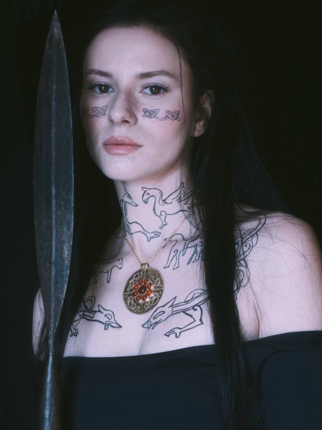 Sutton Hoo Anglo Saxon Necklace: Brass Shieldmaiden Pendant with Red Agate