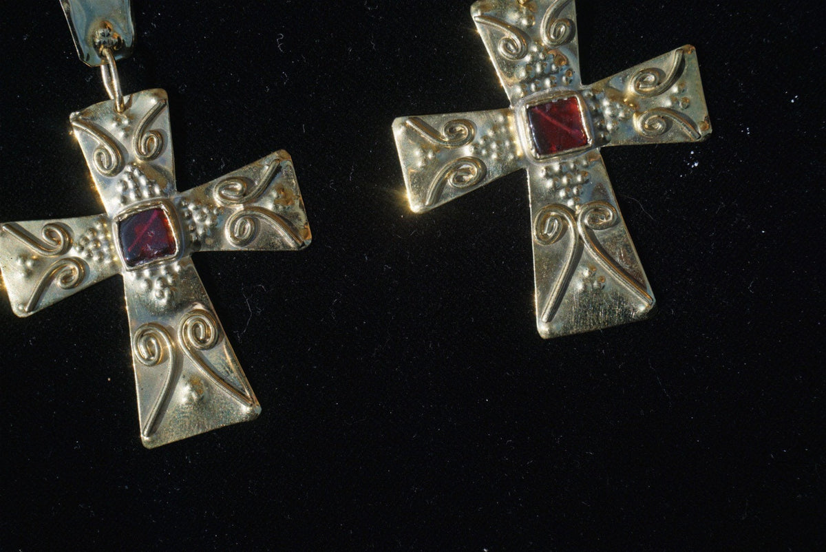 Godiva Garnet Cross Earrings: Medieval Byzantine Jewelry