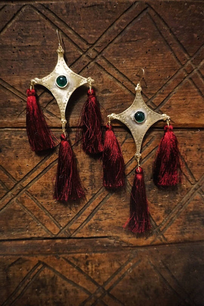 The Star Tail Brass Comet Earrings: Green Agate, Burgundy Tassels, Folk Jewelry