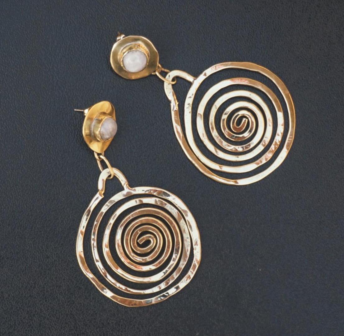Ondina Brass Spiral Earrings: Moonstone Wave Jewelry