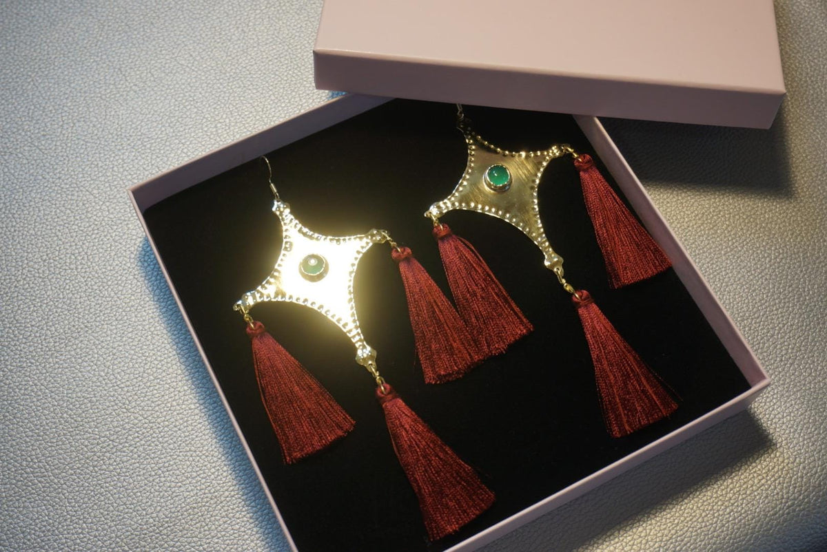 The Star Tail Brass Comet Earrings: Green Agate, Burgundy Tassels, Folk Jewelry