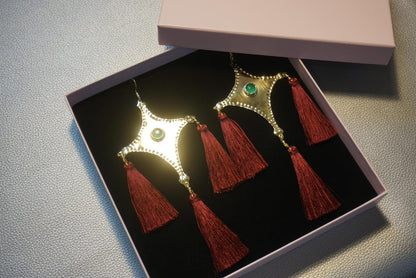 The Star Tail Brass Comet Earrings: Green Agate, Burgundy Tassels, Folk Jewelry