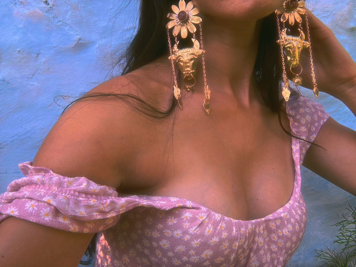 Minotaur II Brass Earrings: Cherry Quartz Flower, Ancient Greek Jewelry