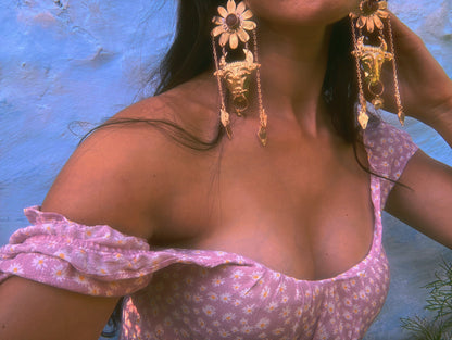 Minotaur II Brass Earrings: Cherry Quartz Flower, Ancient Greek Jewelry
