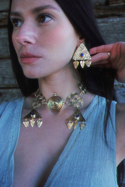 Máni Brass Lapis Lazuli Earrings: Nordic Shieldmaiden Jewelry